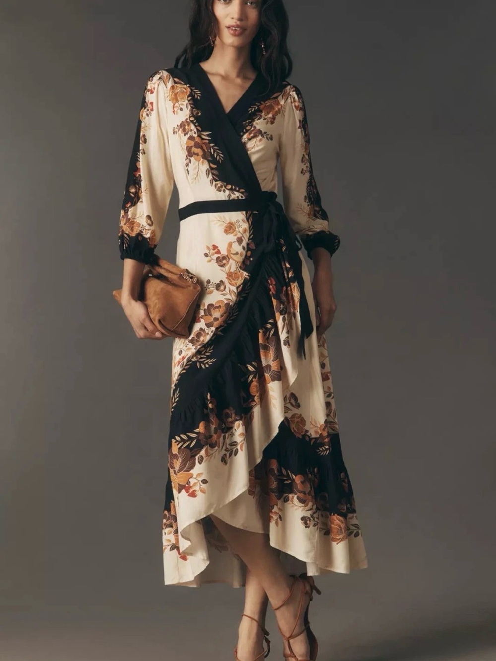 Farm Rio Anthropologie Long-Sleeve Wrap Midi Dress Size XS NWT Orange Floral